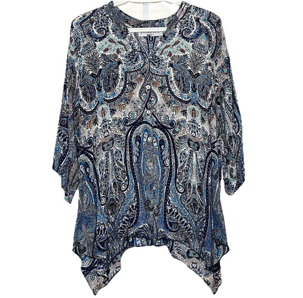 Grand & Greene Blue Paisley Boho Tunic Blouse XL Flowy Sharkbite Hem